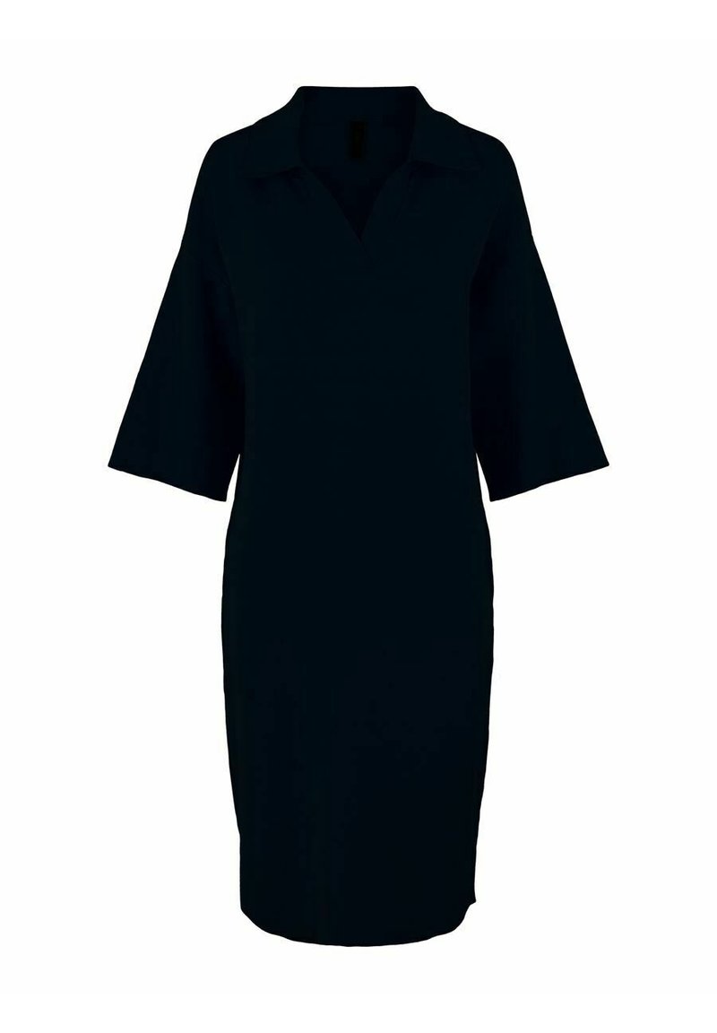 Schwarzes Kleid mit Kragen und ärmellangen Ärmel. Hat einen geraden Schnitt, glatte Textur und einen knielangen Saum.