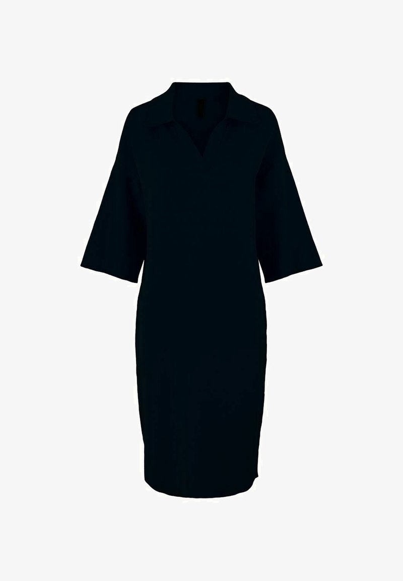 Schwarzes Kleid mit Kragen und ärmellangen Ärmel. Hat einen geraden Schnitt, glatte Textur und einen knielangen Saum.
