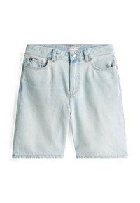 Svetlomodré denim šortky so strait fit strihom, dizajnom s piatimi vreckami a predným gombíkovým zapínaním. Kockový textúra a detail loga na vrecku.