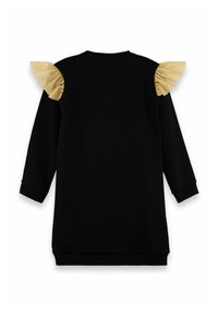 Vestido sudadera negro con mangas largas, puños acanalados y detalles de volantes con brillo dorado en los hombros. Textura suave, corte casual.