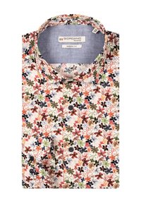 Chemise à boutons en coton avec un imprimé floral rouge, vert et bleu. Dotée d'un col moderne et d'un poignet à un bouton.
