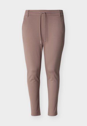 Pantalon mauve coupe slim avec taille à cordon et passants pour ceinture, en tissu lisse, présenté sur un fond blanc uni.