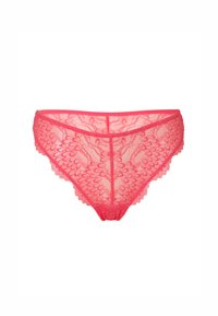Mutandine in pizzo rosa con un motivo floreale, bordi ondulati e un design semi-trasparente con una cucitura centrale.