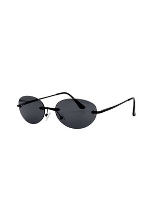 Occhiali da sole a forma ovale con sottili montature in metallo nero e lenti scure su uno sfondo bianco.