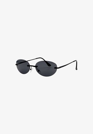 Occhiali da sole a forma ovale con sottili montature in metallo nero e lenti scure su uno sfondo bianco.