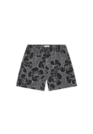 Pantaloncini con stampa floreale nera e motivo a righe orizzontali, vita elastica e vestibilità ampia. Il materiale sembra leggero e traspirante.