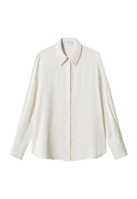 Long-sleeved, collared white blouse in a soft, lightweight fabric with a straight cut, featuring a button-down front and minimalistic design.