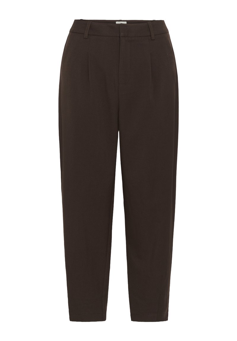 Pantalon droit marron foncé taille haute avec passants de ceinture et plis devant, conçu pour une tenue formelle ou de bureau.