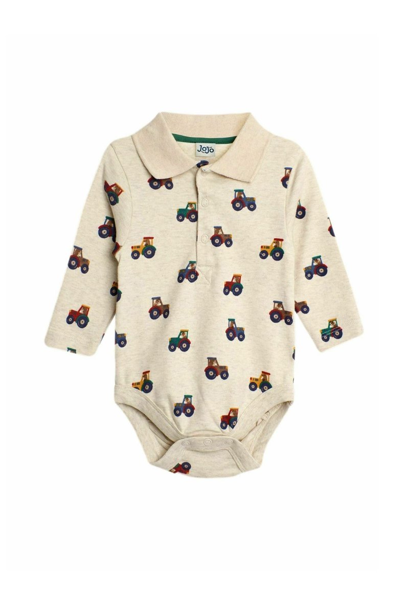 Body à manches longues crème avec col, présentant un motif répétitif de tracteurs colorés. Tissu en coton doux avec des fermetures à pressions à la base.