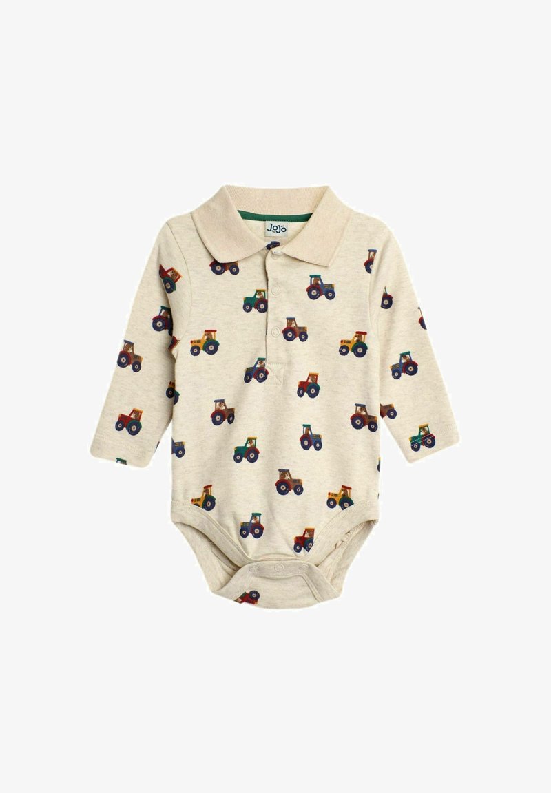 Body à manches longues crème avec col, présentant un motif répétitif de tracteurs colorés. Tissu en coton doux avec des fermetures à pressions à la base.