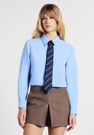 Camicia a maniche lunghe blu chiaro con colletto classico, abbinata a una cravatta a righe blu navy e bianche. Pantaloni corti a righe marroni con dettaglio di spacco frontale.