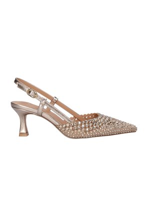 Zapato con tacón kitten y tira trasera en champán metálico, con punta adornada con grandes y pequeños brillantes de strass.