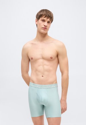 Jeune homme à la peau claire et aux cheveux bruns, portant un boxer bleu clair, debout devant un fond gris clair uni.