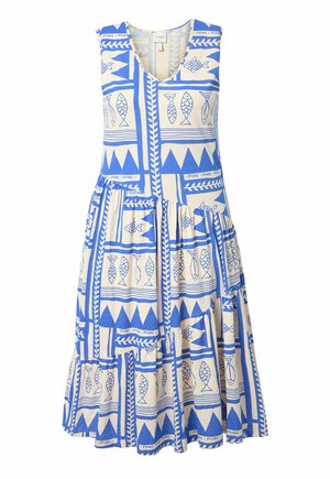 Bez rękawów sukienka bawełniana z niebiesko-kremowym geometrycznym wzorem z motywami ryb i liści. Dekolt w literę V z falbanowym dołem.