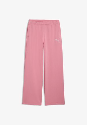 Pink wide-leg sweatpants with elastic waistband and side pockets, featuring a small Puma logo on the right thigh.