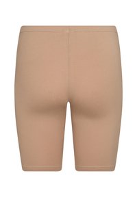 Beige cykelshorts lavet af glat, strækbart materiale. Midt-lår længde med elastisk talje og ingen synlige sømme.