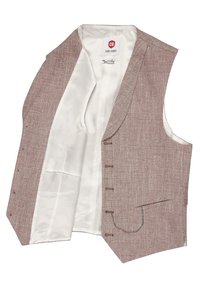 Brun texturerad väst med ett satängfoder, med en notchkrage, fem knappar och en subtil detalj med fickkedja.