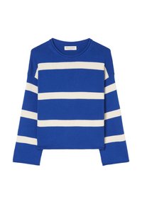 Blauer Strickpullover mit horizontalen weißen Streifen, rundem Ausschnitt und lässiger Passform. Lange Ärmel mit gerippter Textur.