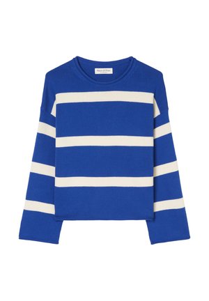 Blue knitted sweater featuring horizontal white stripes, round neckline, and relaxed fit. Long sleeves with a ribbed texture.