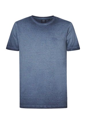 Blauwe katoenen T-shirt met korte mouwen, ronde halslijn, subtiele textuur en een klein logo gedrukt aan de bovenlinkerkant.