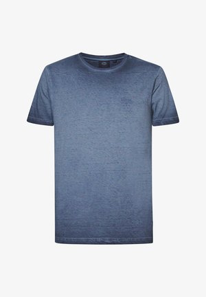 Blauwe katoenen T-shirt met korte mouwen, ronde halslijn, subtiele textuur en een klein logo gedrukt aan de bovenlinkerkant.
