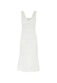 Lace dress in white featuring a v-neckline, wide straps, and a flared hem. The fabric displays floral patterns with intricate detailing.