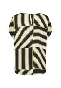 Kurzärmelige Bluse mit einem Patchwork-Design aus schwarzen, cremefarbenen und olivgrünen Streifen sowie einer Schlüsselöffnung im Rücken. Glattes Material.