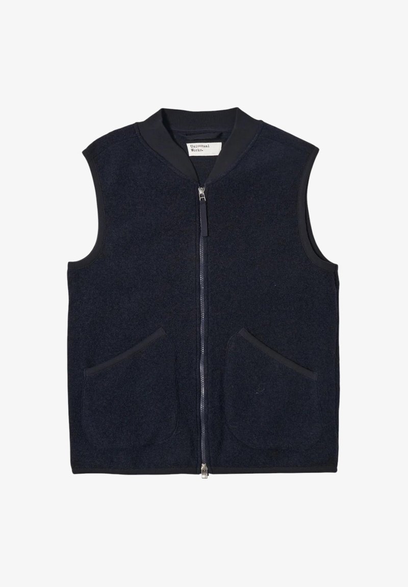Gilet senza maniche blu navy realizzato in tessuto strutturato, con chiusura a zip e due tasche anteriori, dotato di un colletto a costine e bordi a contrasto.