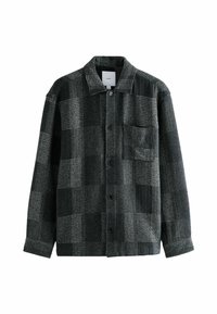 Černý a šedý károvaný kabát vyrobený z vlněnému podobného materiálu, s límcem, knoflíky a náprsní kapsou na levé straně.