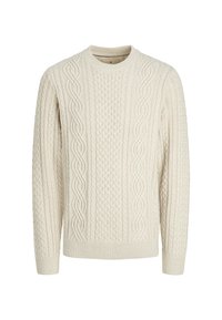 Cremefarbenes Kabelstrickpullover mit langen Ärmeln, Rippbündchen und rundem Halsausschnitt.