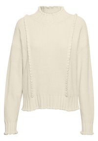 Cremfarbener gestrickter Pullover mit hohem, gerafftem Halsausschnitt, langen Ärmeln, vertikalen Rippdetails sowie geripptem Saum und Bündchen.