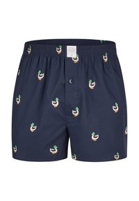 Bóxer de algodón azul marino con cinturilla elástica, con un patrón de patos en verde, blanco y naranja repetido. Cierre de un botón.