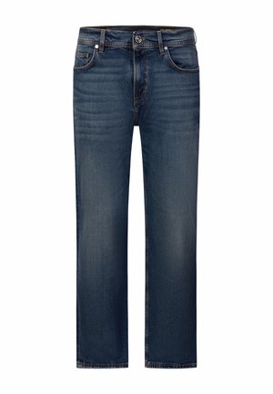 Dunkelblaue Jeans mit geradem Schnitt, Fronttaschen, Gürtelschlaufen und Knopfverschluss.