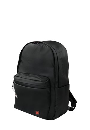 Black backpack with a front zippered pocket, side pockets, padded straps, and a small red and black logo on the front pocket.