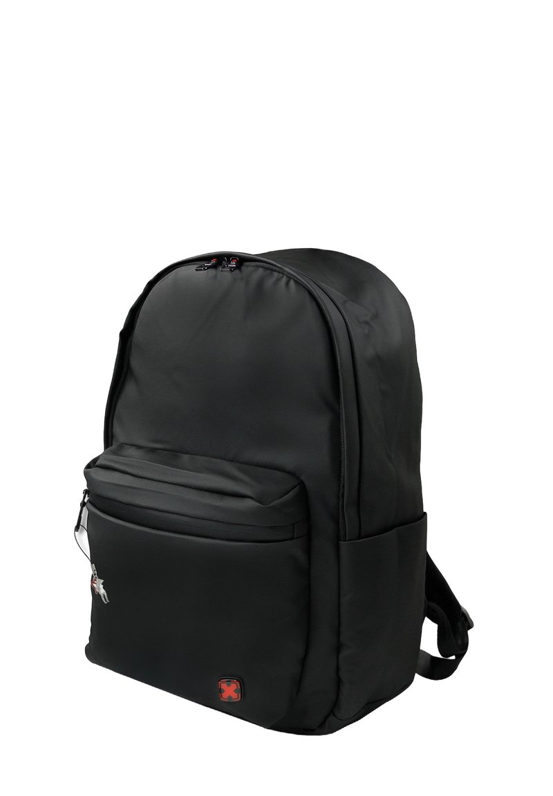 Black backpack with a front zippered pocket, side pockets, padded straps, and a small red and black logo on the front pocket.