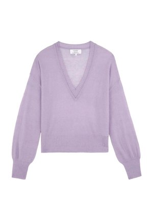 Maglione corto lavanda a V, realizzato in materiale morbido, con maniche a palloncino e bordo a coste. Presenta un branding sottile sul lato.