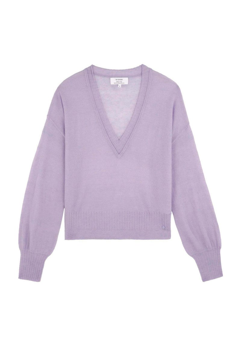 Lavendel V-hals, cropped trui van zacht materiaal met ballonmouwen en een geribbelde zoom. Bevat subtiele branding aan de zijkant.