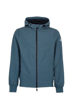 Niebieska kurtka z kapturem z czarnym zamkiem z przodu, elastycznymi mankietami oraz małym białym logo krzyża na lewym górnym rękawie.