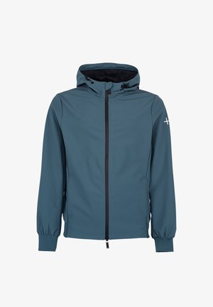 Niebieska kurtka z kapturem z czarnym zamkiem z przodu, elastycznymi mankietami oraz małym białym logo krzyża na lewym górnym rękawie.