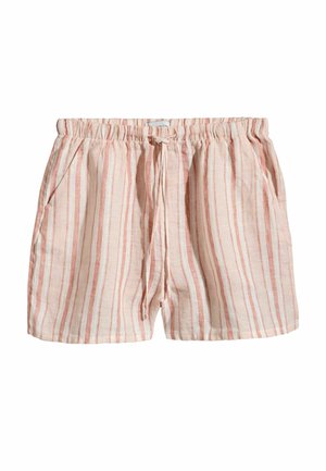 Lichtgewicht roze en witte linnen shorts met verticale strepen, elastische tailleband, trekkoord en zijzakken.