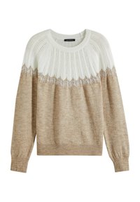 Strickpullover mit einem hellen Cremoton auf der Vorderseite, einem strukturierten Passe und einem beigen Body. Rippbündchen und Saum sorgen für einen figurbetonten Abschluss.
