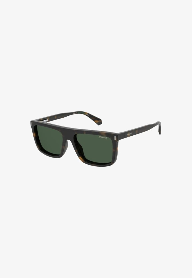 Polarisierte Sonnenbrille mit rechteckigem Rahmen. Verfügt über ein dunkles Schildpattmuster und grüne Gläser. Metallakzente an den Bügeln.