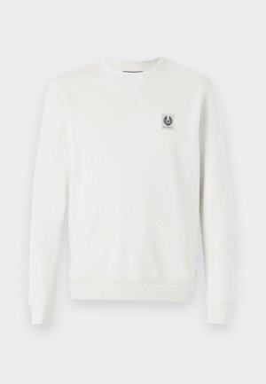 White sweatshirt, cotton fabric, crew neckline, ribbed cuffs and hem, features a small logo patch on the chest, minimalistic design.