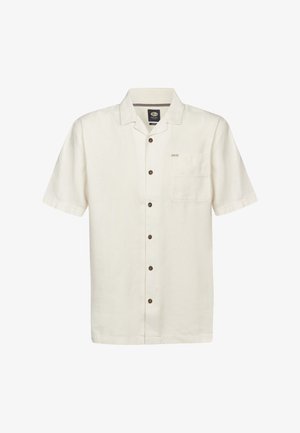 Chemise à manches courtes en lin crème avec une fermeture boutonnée sur le devant, une poche poitrine unique et des boutons marron, présentant un tissu subtilement texturé.