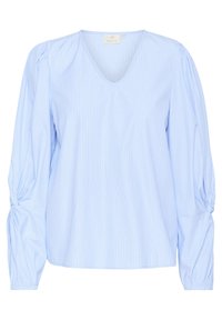 Blusa azzurra chiara in cotone con scollatura a V e maniche lunghe a sbuffo. Presenta strisce verticali bianche e dettagli arricciati ai polsini.