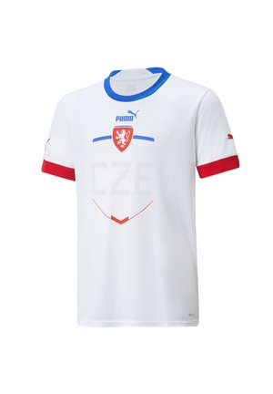 Biele futbalové tričko s krátkym rukávom, modrým golierom, červenými akcentmi, erbom Českej republiky a textom "CZE". Vyrobené z priedušného materiálu.