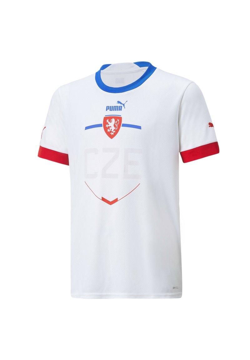 Balta trumpų rankovių futbolo marškinėliai su mėlynu apykakle, raudonomis detalėmis, Čekijos respublikos herbu ir tekstu "CZE". Pagaminti iš kvėpuojančios medžiagos.