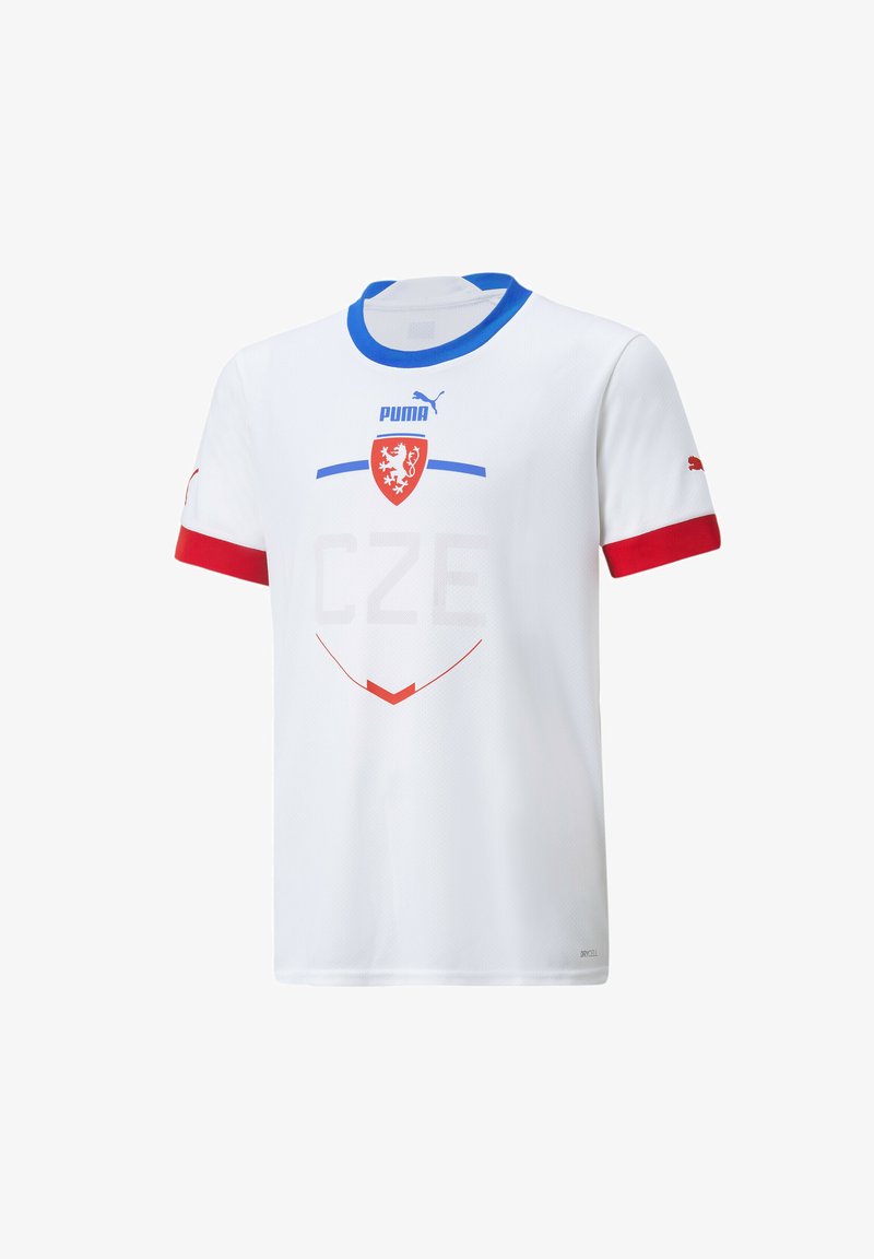 Biele futbalové tričko s krátkym rukávom, modrým golierom, červenými akcentmi, erbom Českej republiky a textom "CZE". Vyrobené z priedušného materiálu.