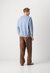 Light blue sweatshirt with a round neckline and ribbed cuffs, paired with loose brown pants. Materials appear soft and casual.