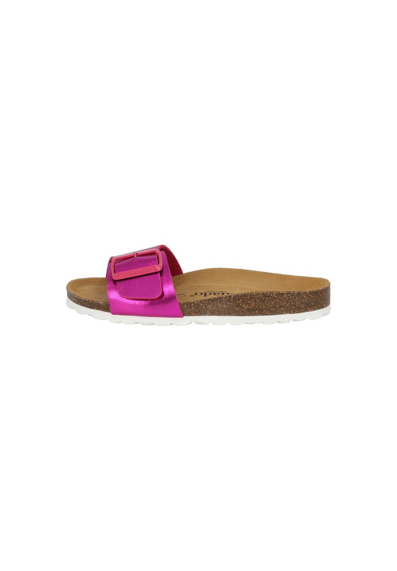 Sandalo scivolo metallico rosa con una fascia larga e una fibbia rettangolare. Soletta imbottita su una suola in sughero testurizzato con un bordo bianco.